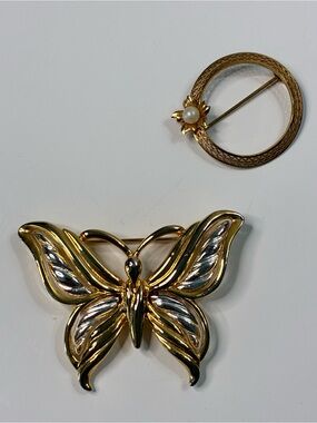 Two-Tone Gold and Silver Butterfly Brooch and Classic Infinity Floral Pin